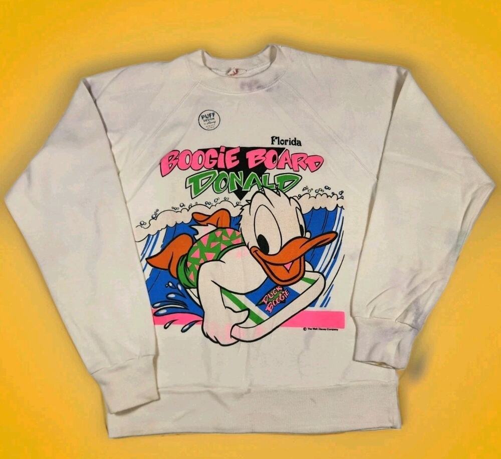 Vtg 80s Sherry FL Boogie Board Donald Duck Sweatshirt Puff Print Color Bleed